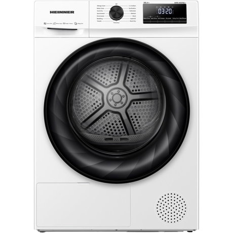 Uscator de rufe cu pompa de caldura Heinner HHPD-H90FRA++, 9KG, A++, 15 programe, Display LED, ALLERGY CARE, RAPID 30 MIN, BABY CARE, Lumina tambur, Alb